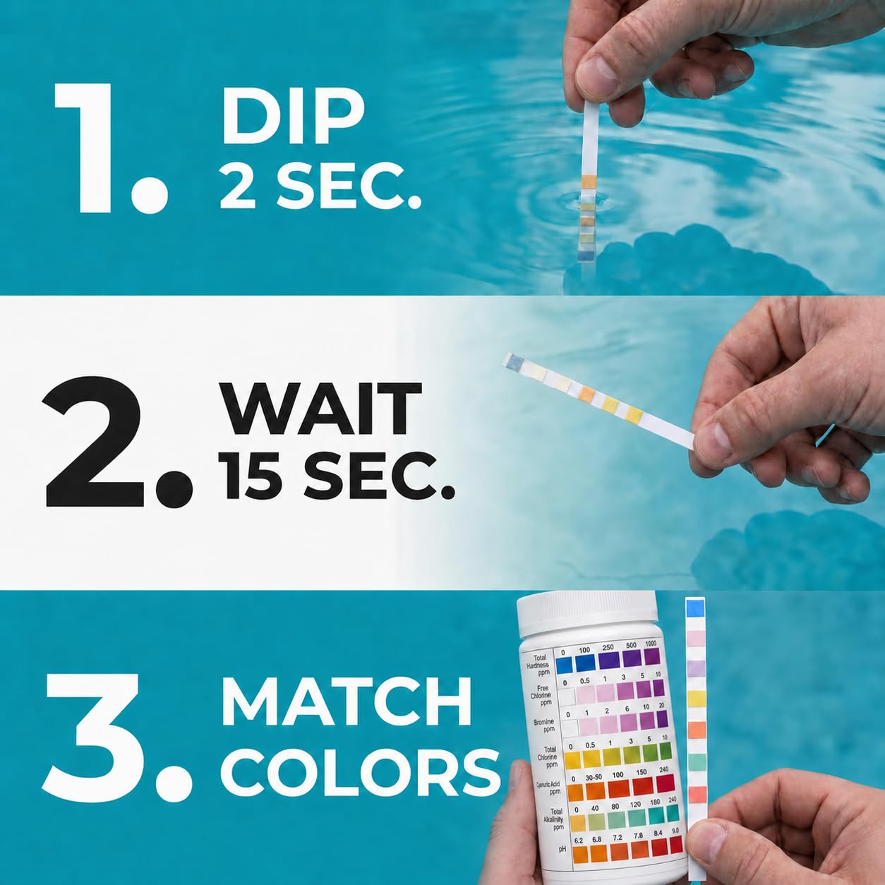7 in 1 Pool Test Strips (150 Strips) - Easy to Use Water Testing Kit for Pool, Spa, Hot Tub & More - Tester Strip for Water Hardness, Chlorine, Bromine, pH, Alkalinity and Cyanuric Acid